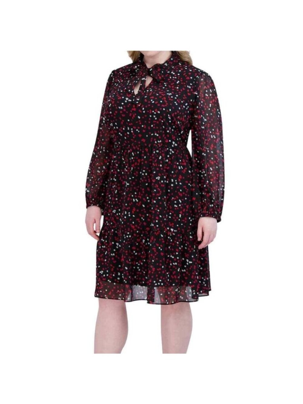 NWT Signature Robbie Bee Womens Black Printed Tie-Neck Long Sleeve Dress PLUS 3X